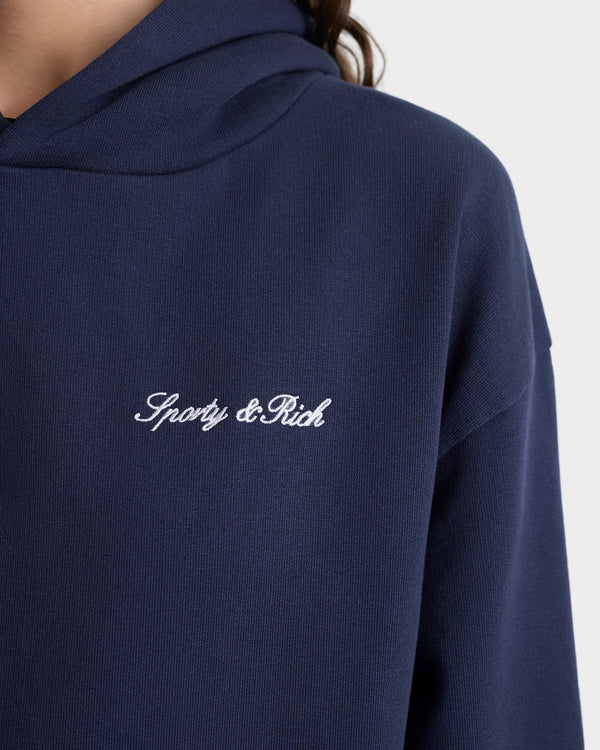 Sporty & Rich Signature Logo Embroidered Hoodie - Navy/White