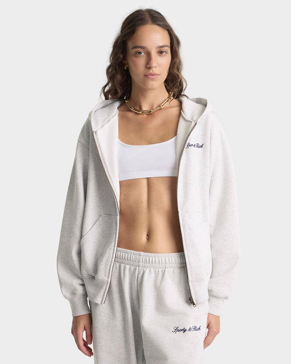 Sporty & Rich Signature Logo Embroidered Wide Sweatpant - Heather Gray/Navy