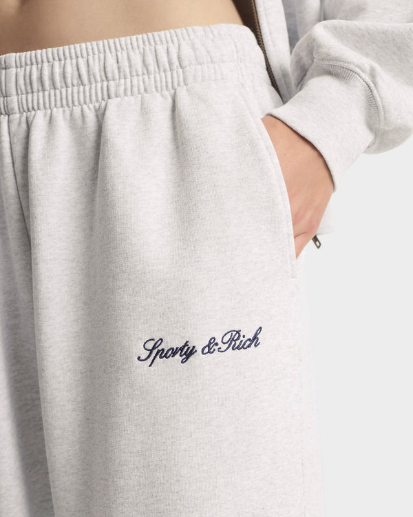 Sporty & Rich Signature Logo Embroidered Wide Sweatpant - Heather Gray/Navy