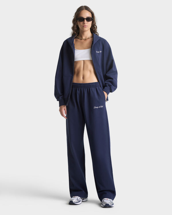 Sporty & Rich Signature Logo Embroidered Wide Sweatpant - Navy/White