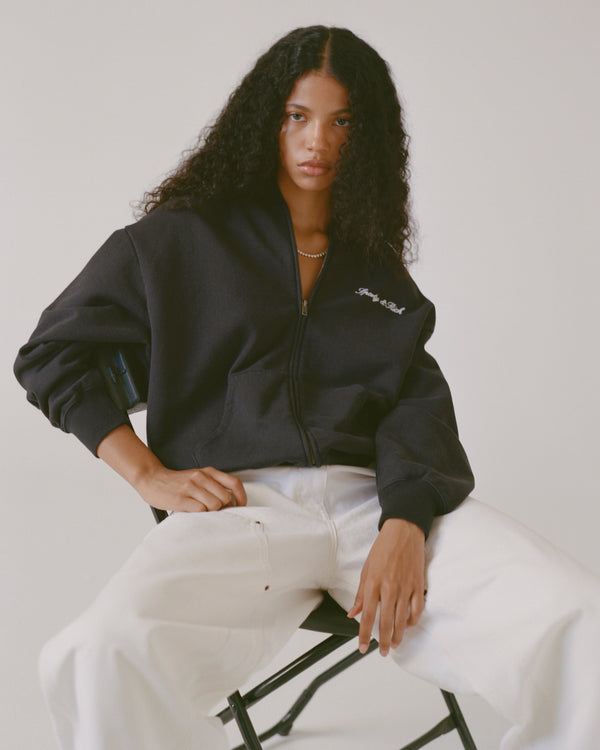 Sporty & Rich Signature Logo Embroidered Zip Hoodie - Black/White