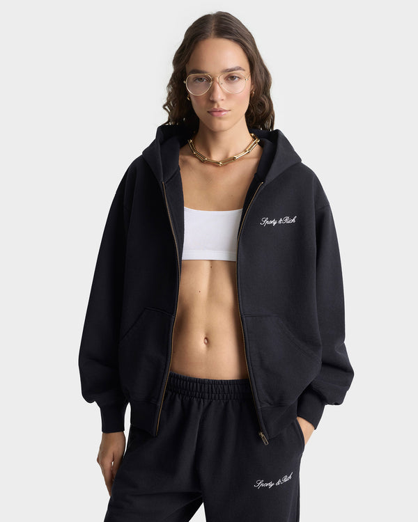 Sporty & Rich Signature Logo Embroidered Zip Hoodie - Black/White