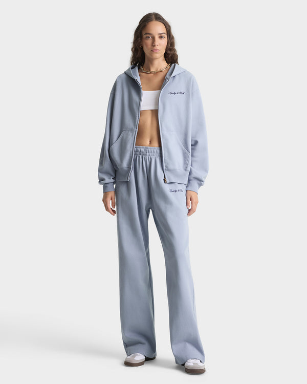 Sporty & Rich Signature Logo Embroidered Zip Hoodie - Faded Blue/Navy