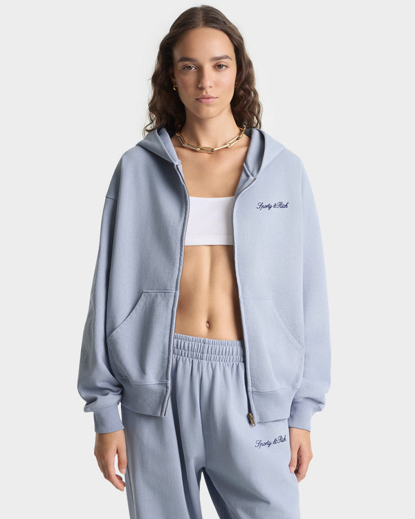 Sporty & Rich Signature Logo Embroidered Zip Hoodie - Faded Blue/Navy