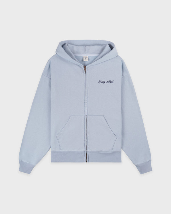 sporty & rich Signature Logo Embroidered Zip Hoodie - Faded Blue/Navy