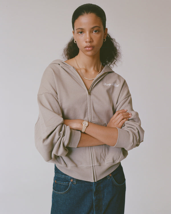 Sporty & Rich Signature Logo Embroidered Zip Hoodie - Hazelnut/White