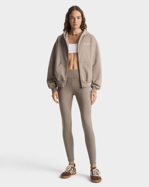 Sporty & Rich Signature Logo Embroidered Zip Hoodie - Hazelnut/White