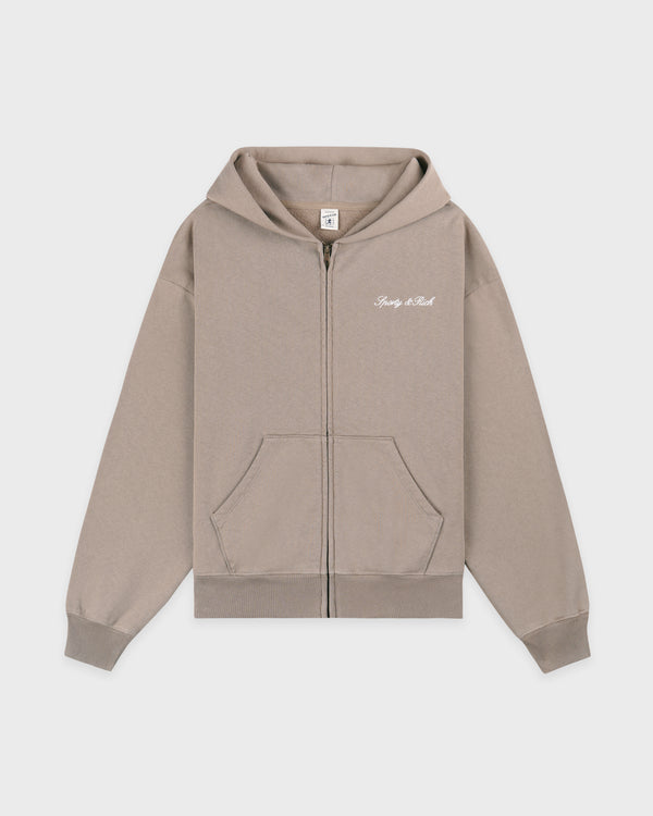 sporty & rich Signature Logo Embroidered Zip Hoodie - Hazelnut/White