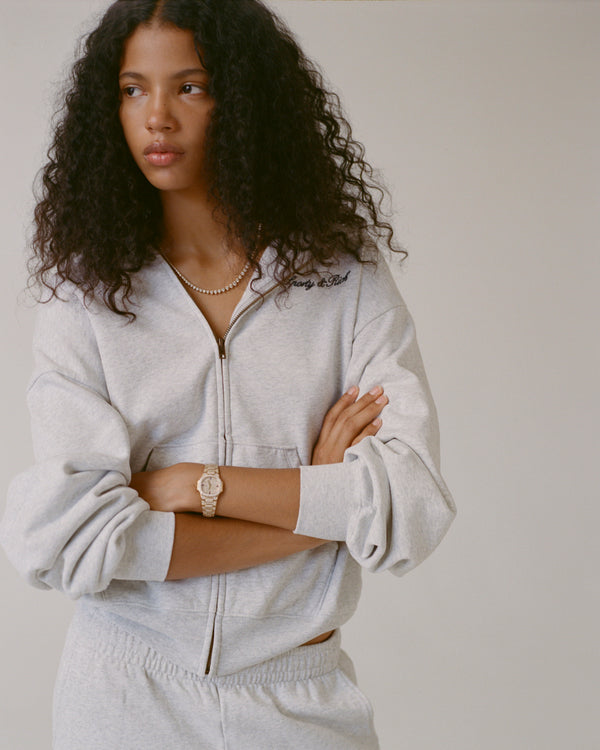 Sporty & Rich Signature Logo Embroidered Zip Hoodie - Heather Gray/Navy