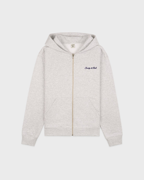 sporty & rich Signature Logo Embroidered Zip Hoodie - Heather Gray/Navy