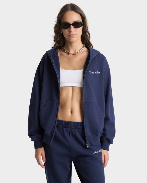 Sporty & Rich Signature Logo Embroidered Zip Hoodie - Navy/White