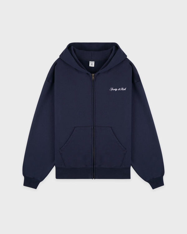 sporty & rich Signature Logo Embroidered Zip Hoodie - Navy/White