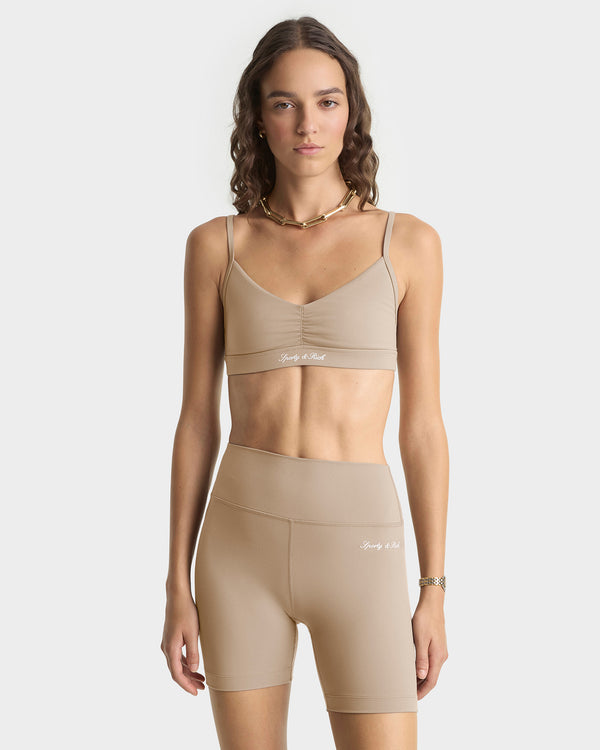 Sporty & Rich Signature Logo Mini Sports Bra - Hazelnut/White