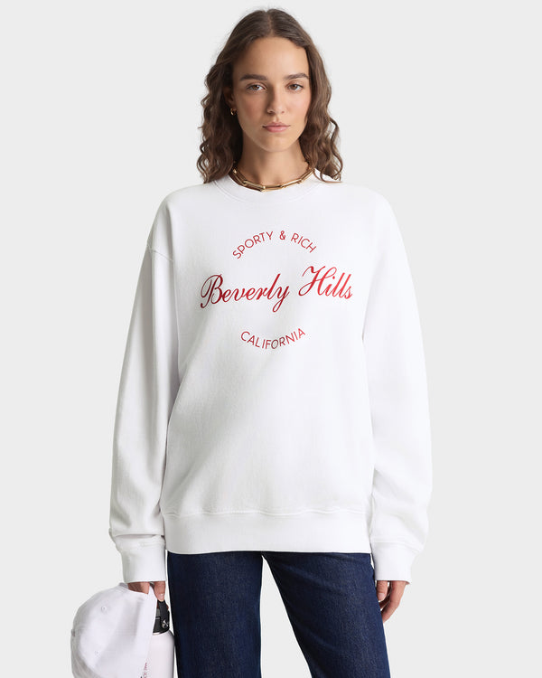 Sporty & Rich Beverly Script Crewneck - White/Ruby
