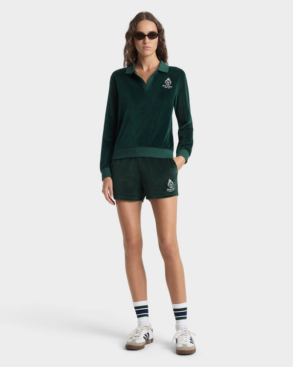 Sporty & Rich Crown Tennis Velour Polo - Forest/Ecru