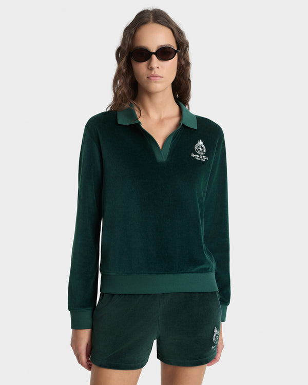 Sporty & Rich Crown Tennis Velour Polo - Forest/Ecru