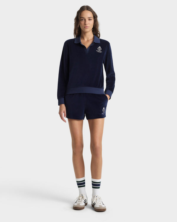Sporty & Rich Crown Tennis Velour Polo - Navy/Ecru