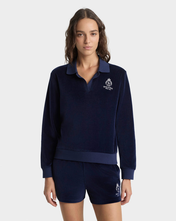 Sporty & Rich Crown Tennis Velour Polo - Navy/Ecru