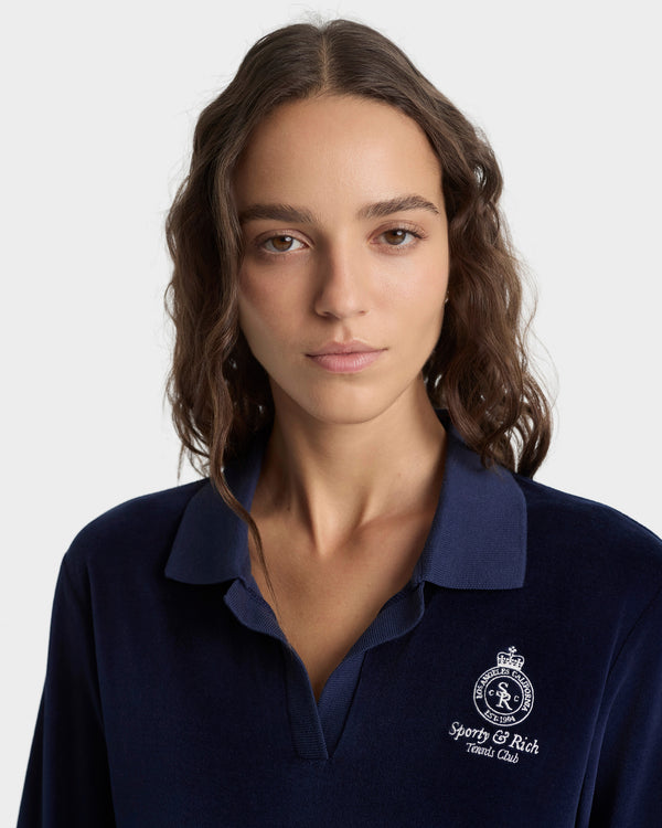 Sporty & Rich Crown Tennis Velour Polo - Navy/Ecru