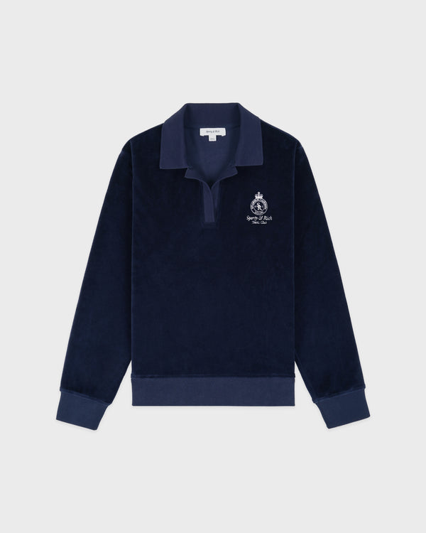 sporty & rich Crown Tennis Velour Polo - Navy/Ecru