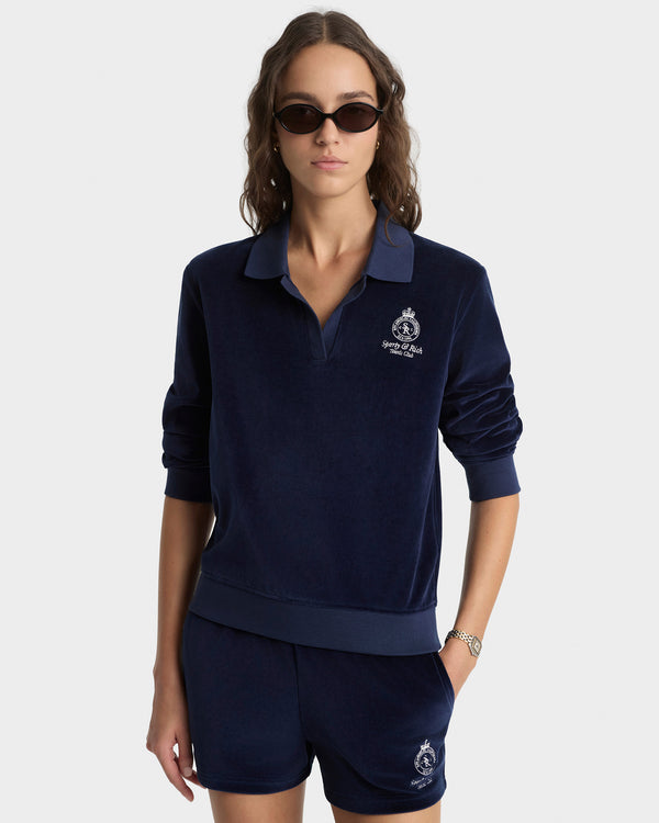 Sporty & Rich Crown Tennis Velour Short - Navy/Ecru