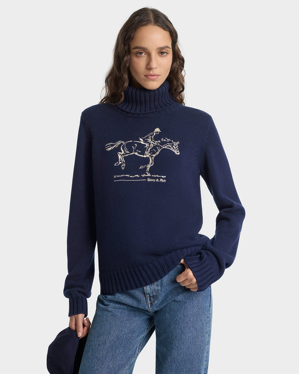 Sporty & Rich Horse Knitted Turtleneck - Navy/Ecru