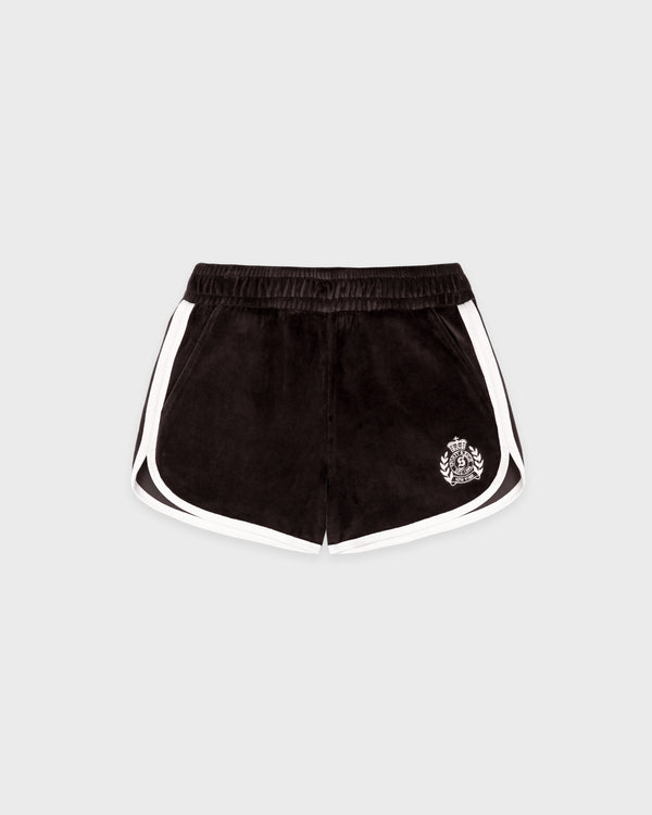 sporty & rich NY Crest Velour Track Short - Chocolate