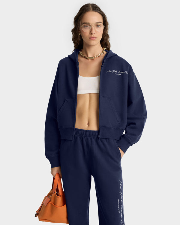 Sporty & Rich NY Tennis Club Cropped Zip Hoodie - Navy