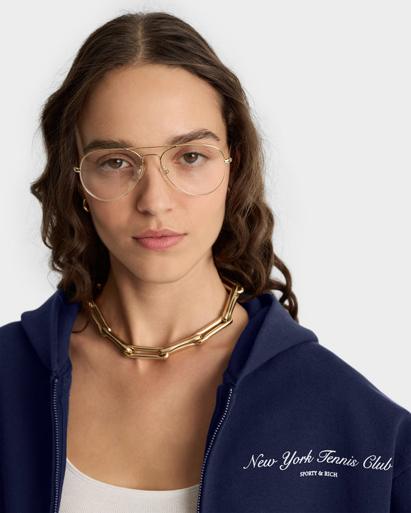 Sporty & Rich NY Tennis Club Cropped Zip Hoodie - Navy