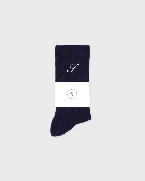 Sporty & Rich S Logo Wide Rib Cotton Socks - Dark Navy