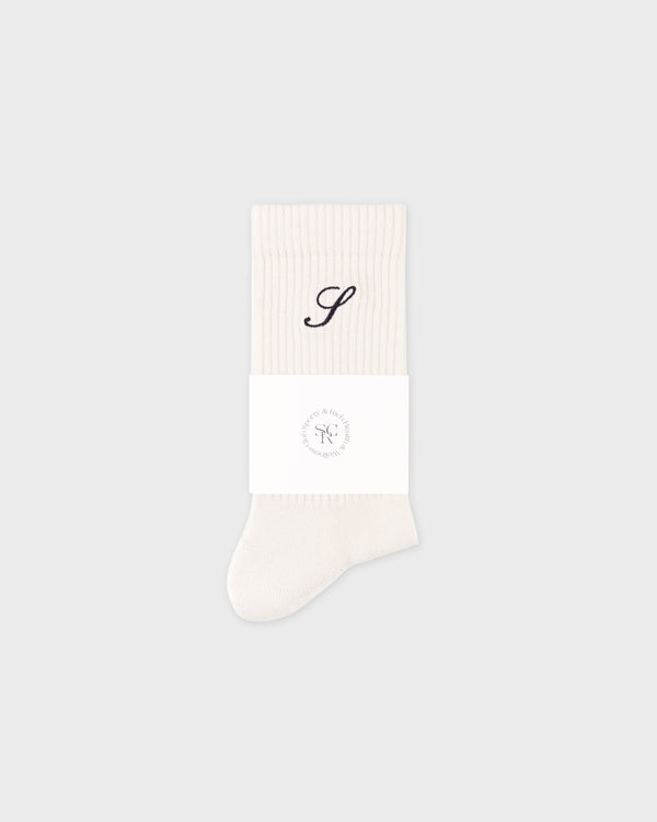Sporty & Rich S Logo Wide Rib Cotton Socks - Ecru