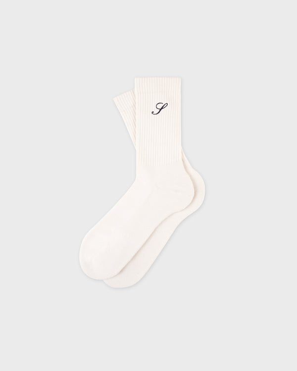 sporty & rich S Logo Wide Rib Cotton Socks - Ecru