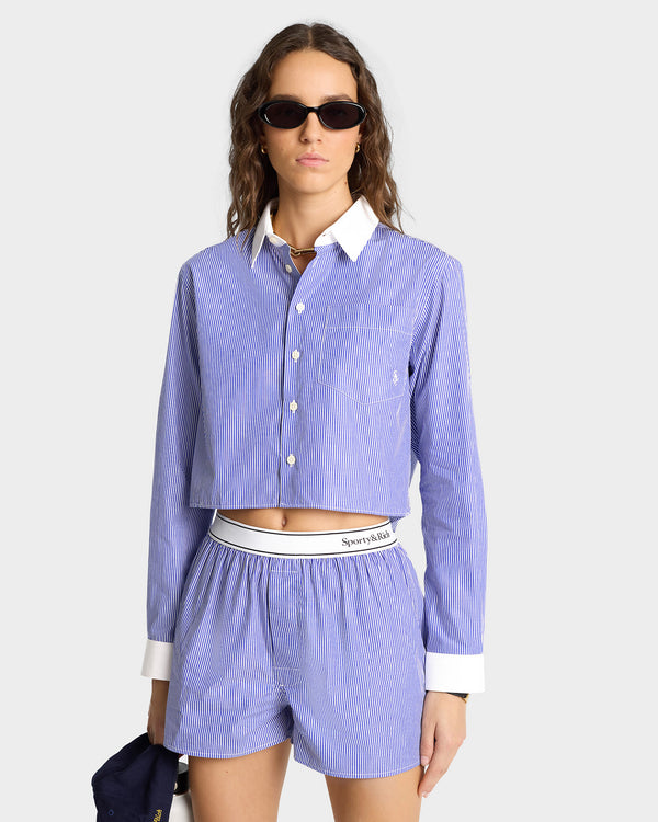 Sporty & Rich Serif Logo Boxer - White/Blue Stripe