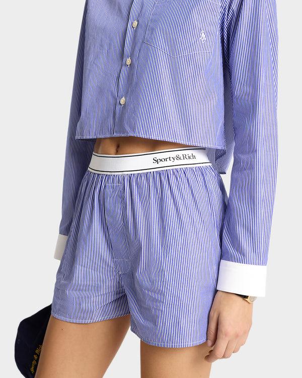 Sporty & Rich Serif Logo Boxer - White/Blue Stripe