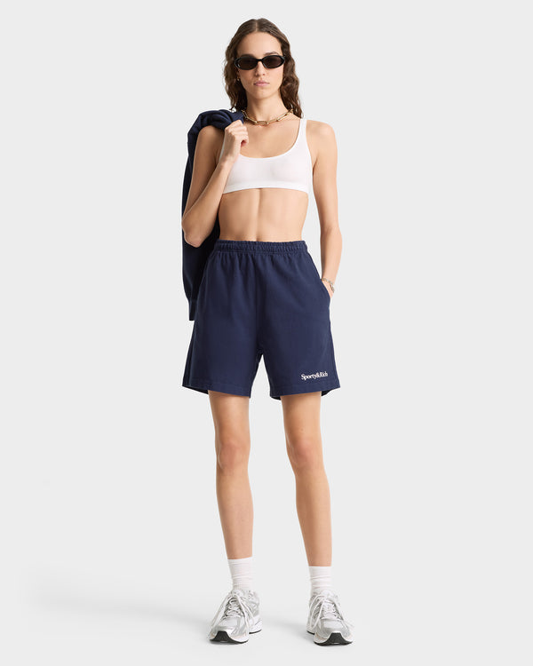 Sporty & Rich Serif Logo Gym Short - Navy/White