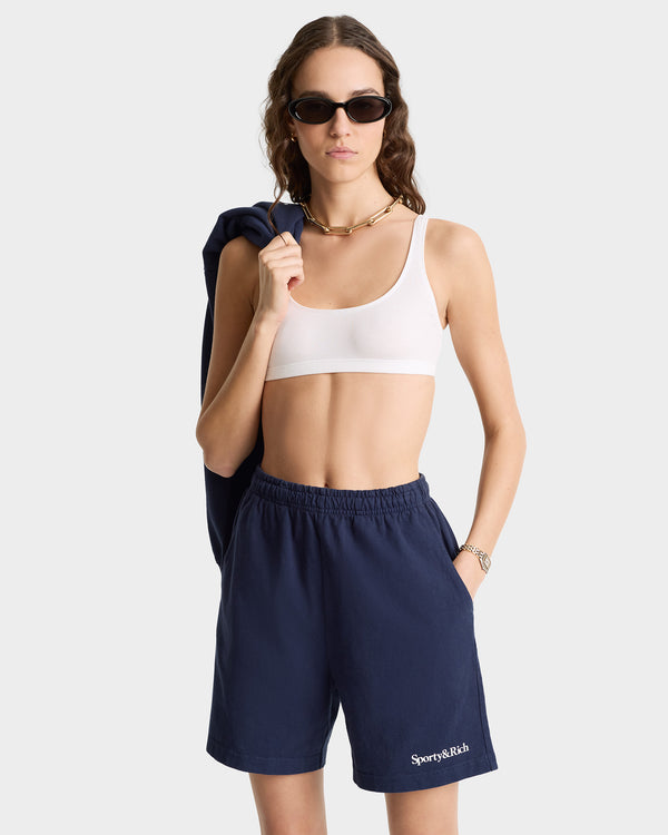 Sporty & Rich Serif Logo Gym Short - Navy/White