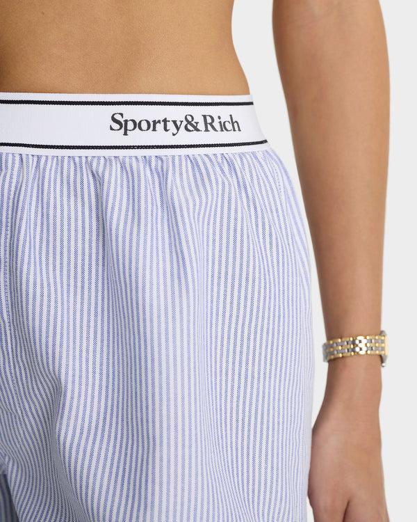 Sporty & Rich Serif Logo Oxford Boxer - Navy Stripe