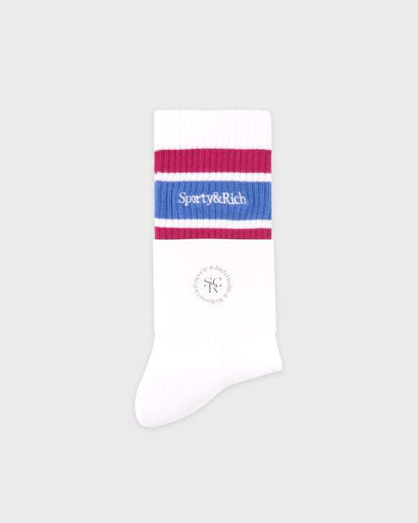 Sporty & Rich Serif Logo Socks - White/Berry/Azure