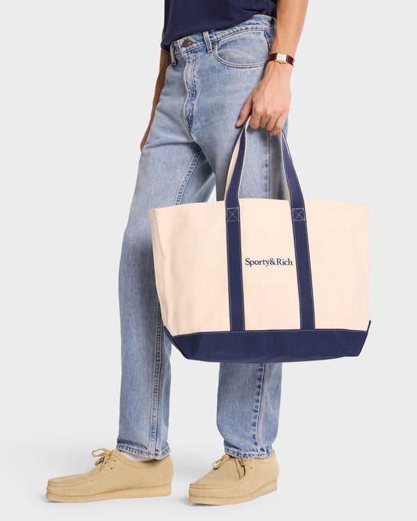 Sporty & Rich Serif Logo Tote Bag - Natural/Navy