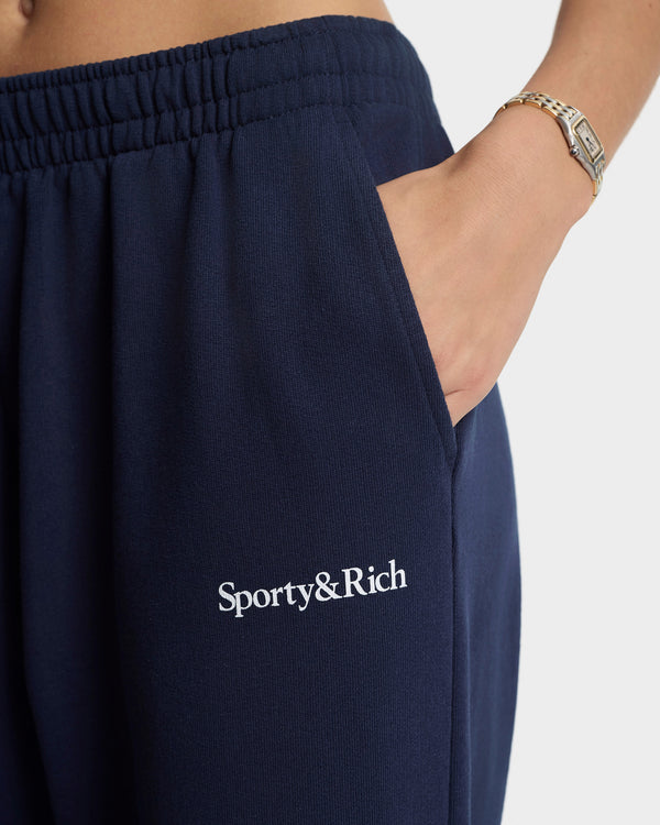 Sporty & Rich Serif Logo Wide Sweatpant - Navy/White