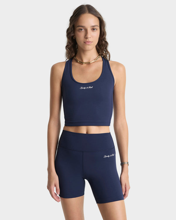 Sporty & Rich Signature Logo Biker Short - Navy/White