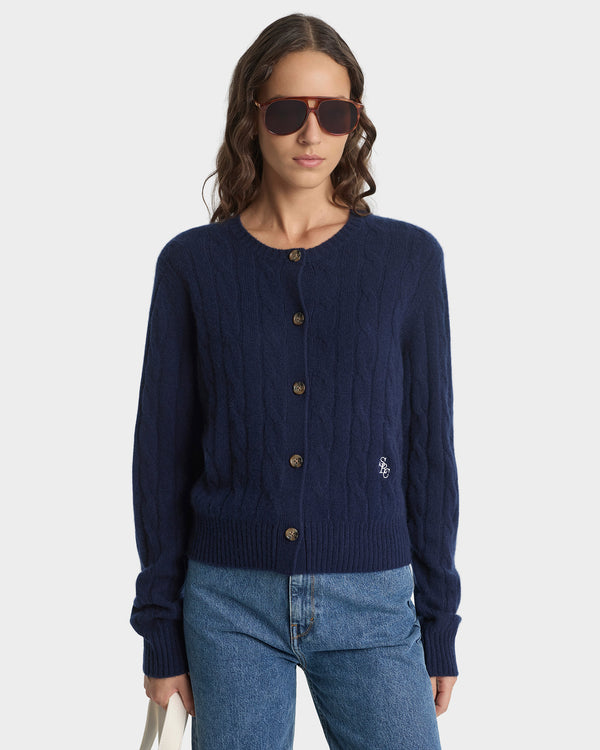 Sporty & Rich SRC Cableknit Cashmere Cardigan - Navy