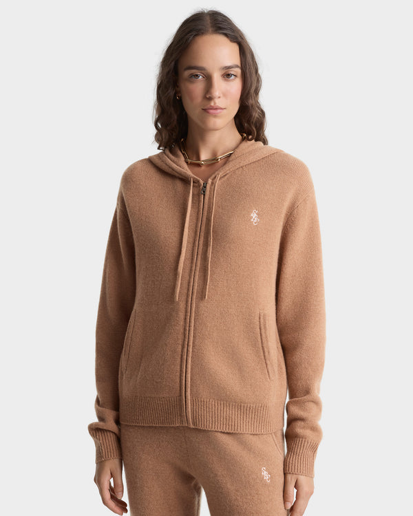 Sporty & Rich SRC Cashmere Zip Hoodie - Camel