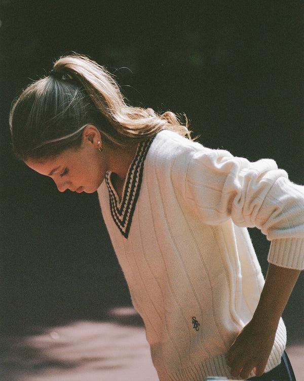 Sporty & Rich SRC Cricket Cashmere Sweater - Ecru/Navy