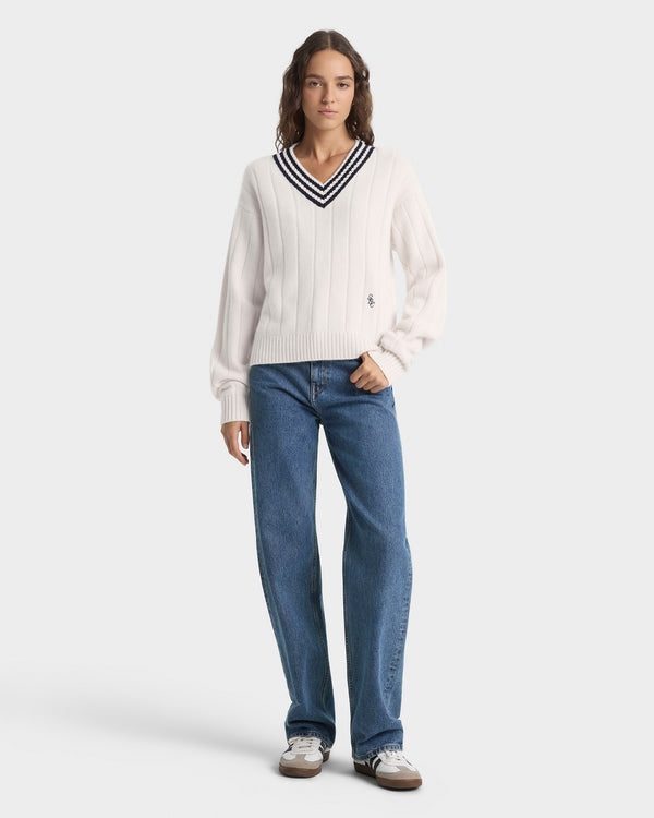 Sporty & Rich SRC Cricket Cashmere Sweater - Ecru/Navy