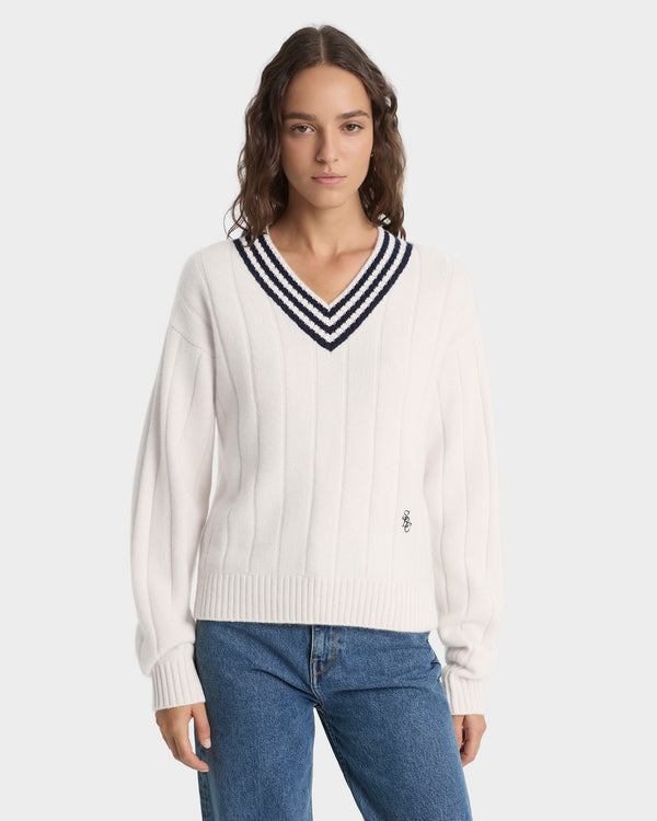Sporty & Rich SRC Cricket Cashmere Sweater - Ecru/Navy