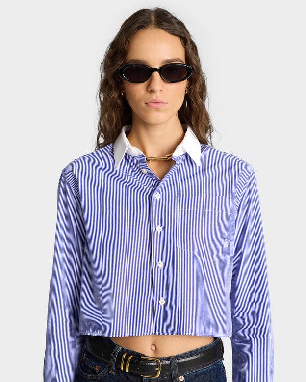 Sporty & Rich SRC Cropped Shirt - White/Blue Stripe