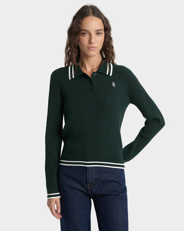 Sporty & Rich SRC Mini Cable LS Polo - Forest/Ecru