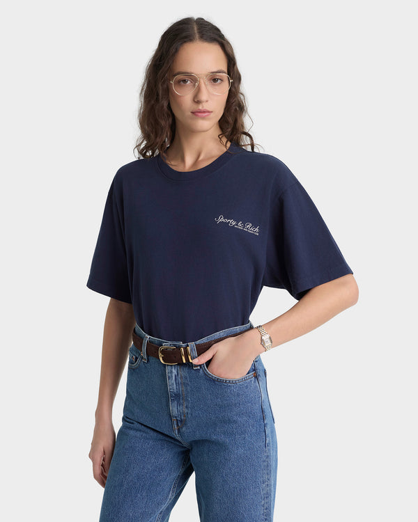 Sporty & Rich Syracuse T-Shirt - Navy/Ecru