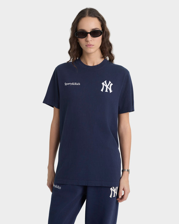 Sporty & Rich Yankees Curve T-Shirt - Navy/White